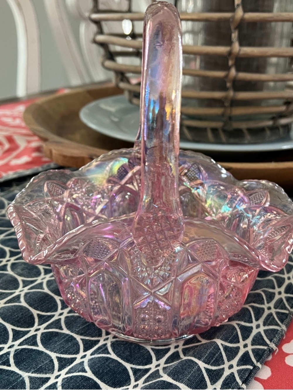 Pink Iridescent Glass Basket Candy Dish